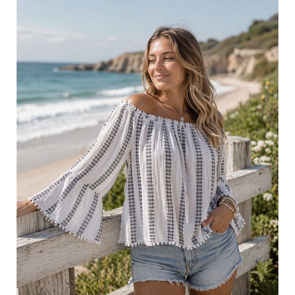 Womens Peasant Top L White Black Striped Bell Sleeves Pom Pom Flowy Blouse Boho